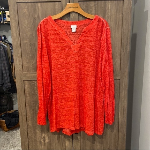 Chicos Size 3 (XL) Linen Tunic Top Long Sleeve Notch Neck Red/Orange - Picture 2 of 12